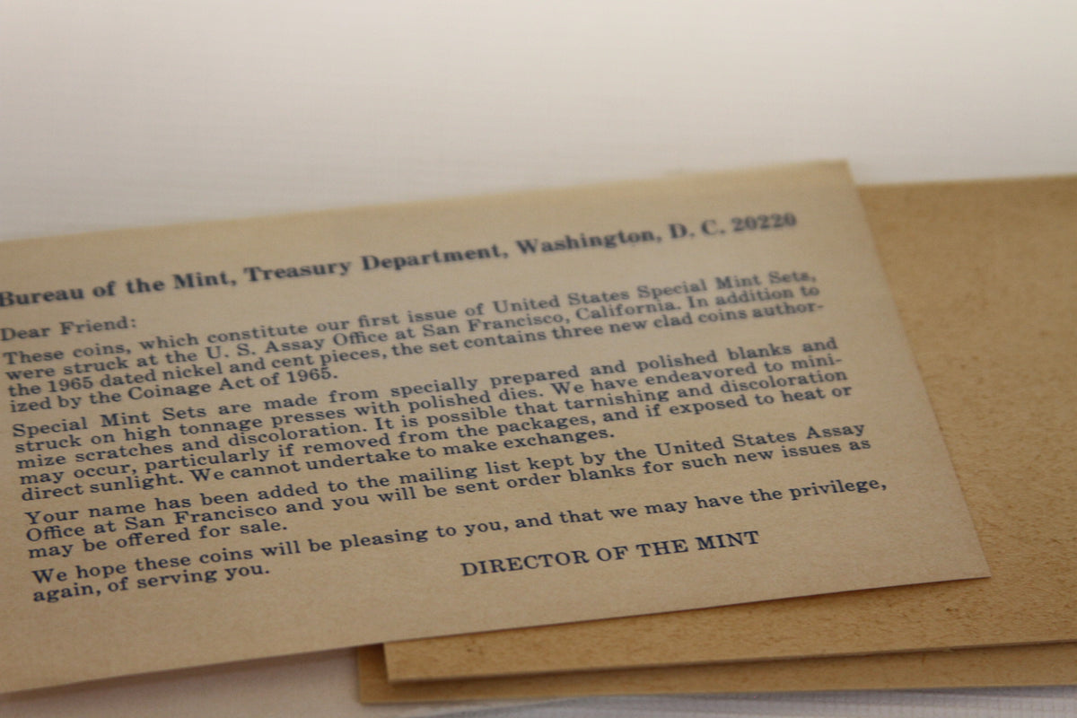 Information insert from Bureau of the Mint with details about the 1965 set