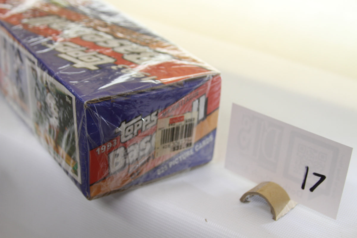 Side angle of Topps 1993 Baseball Cards box with barcode and label