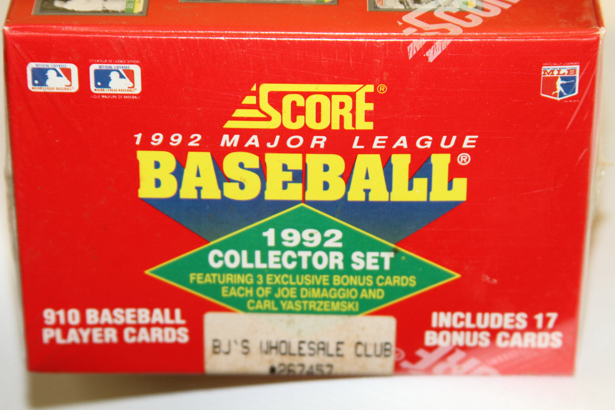 Close-up front label and club sticker of Score 1992 baseball card set