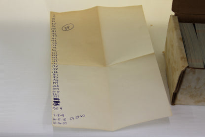Handwritten checklist next to card box