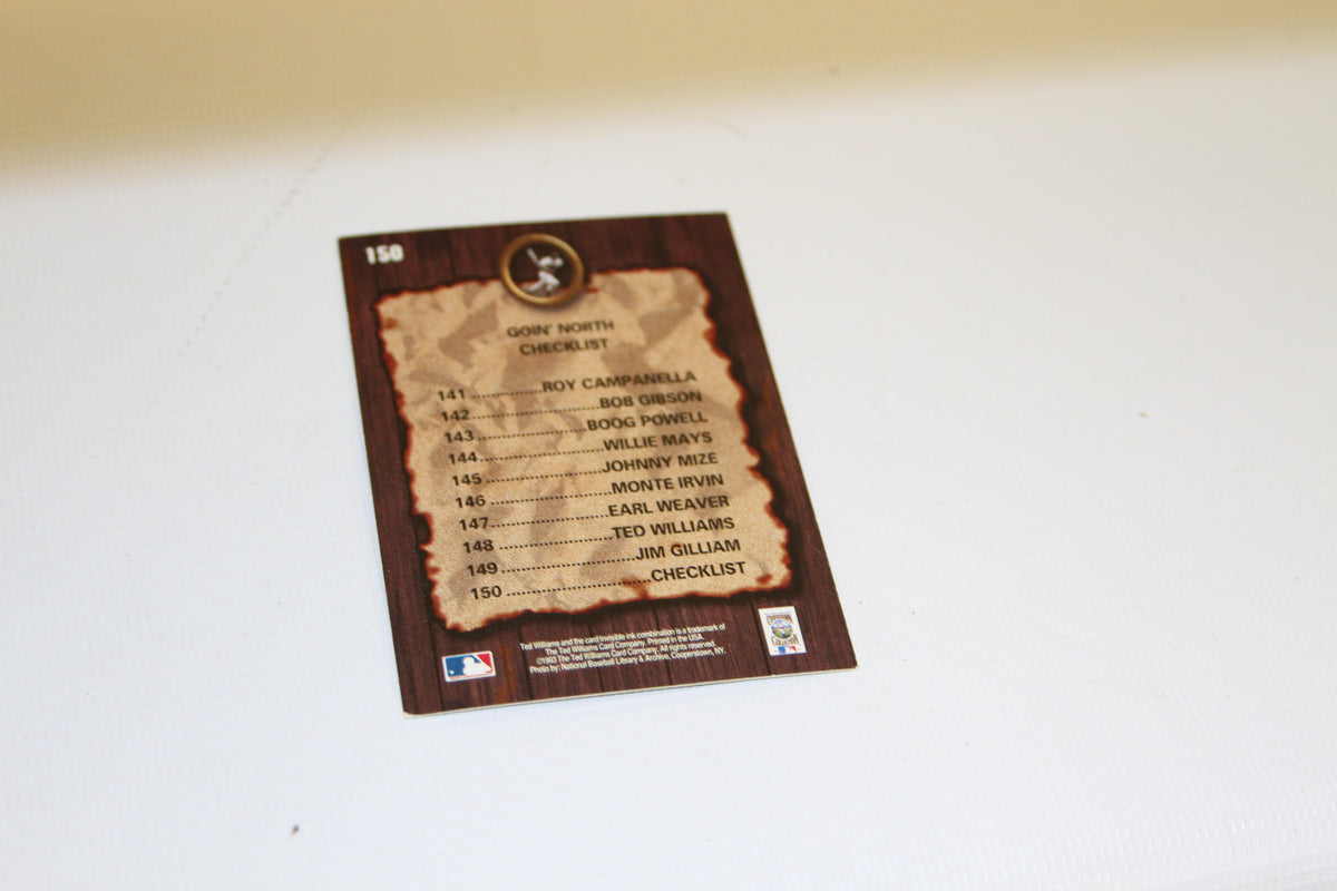 Backside of a baseball card checklist with classic player names