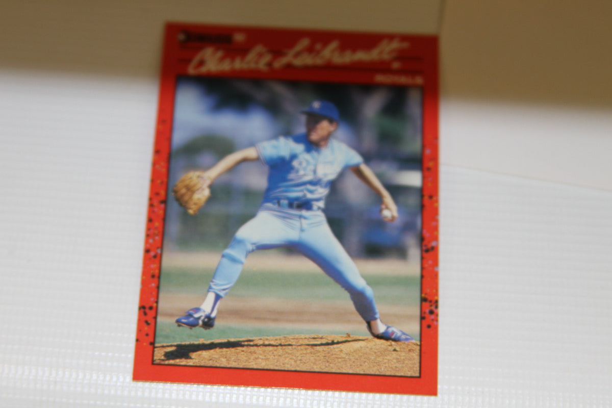 Front of Charlie Leibrandt Donruss 1990 trading card while pitching