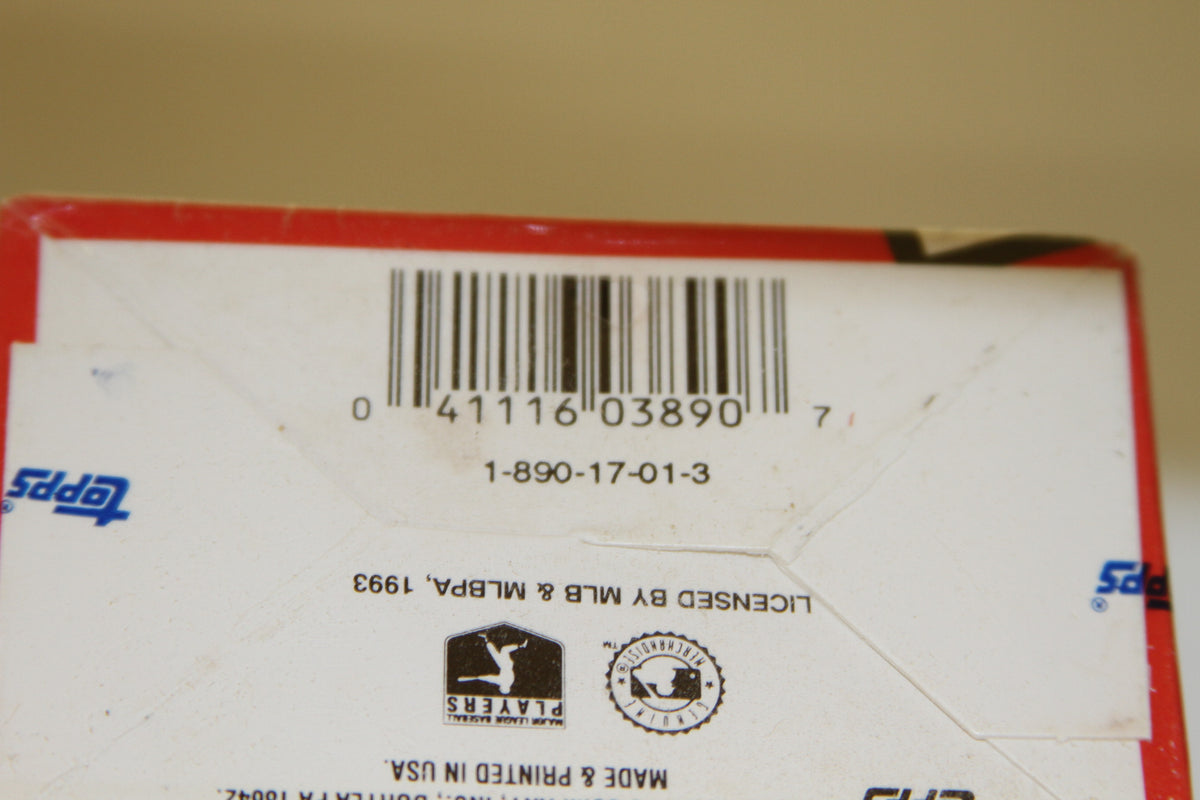 Close-up of barcode and licensing details on 1993 Topps Traded Baseball Card Box bottom