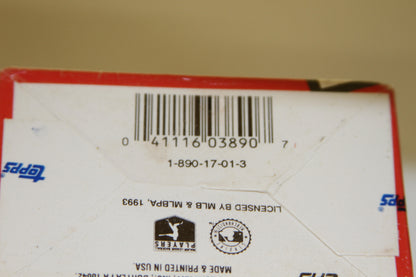 Close-up of barcode and licensing details on 1993 Topps Traded Baseball Card Box bottom