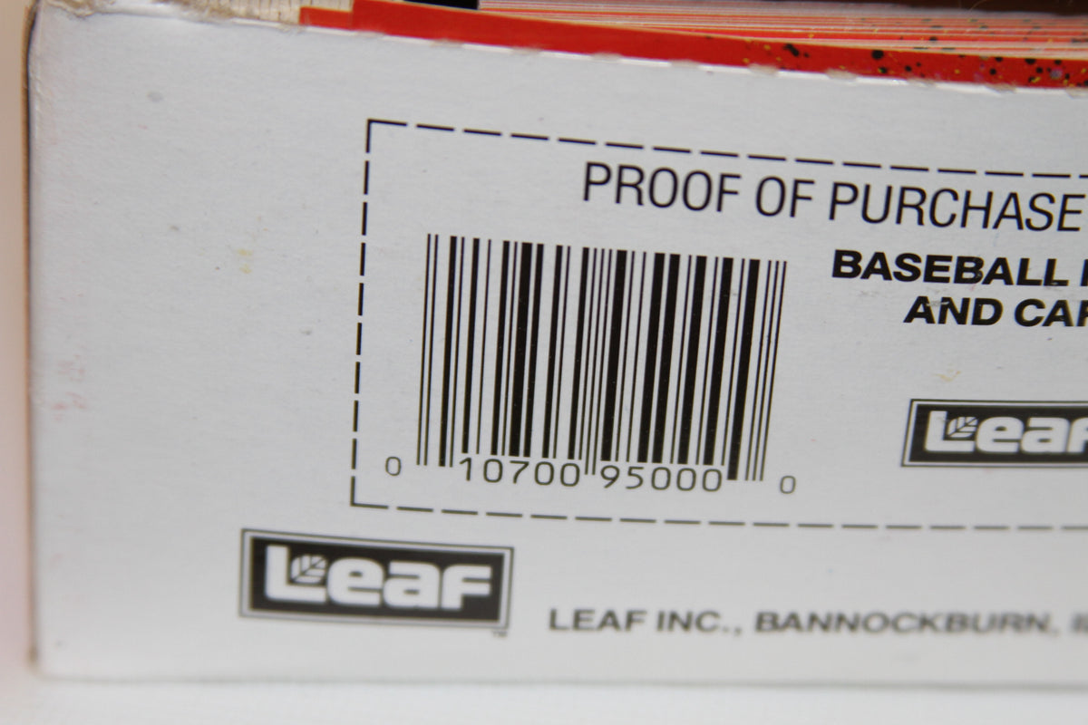 Close-up of barcode on Donruss Baseball card box with Leaf logo