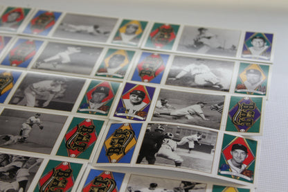 Player portraits and iconic gameplay moments in black-and-white and color on card sheet