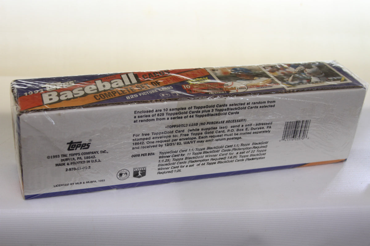 Back view of Topps 1993 Baseball Cards box showing manufacturer information and barcode