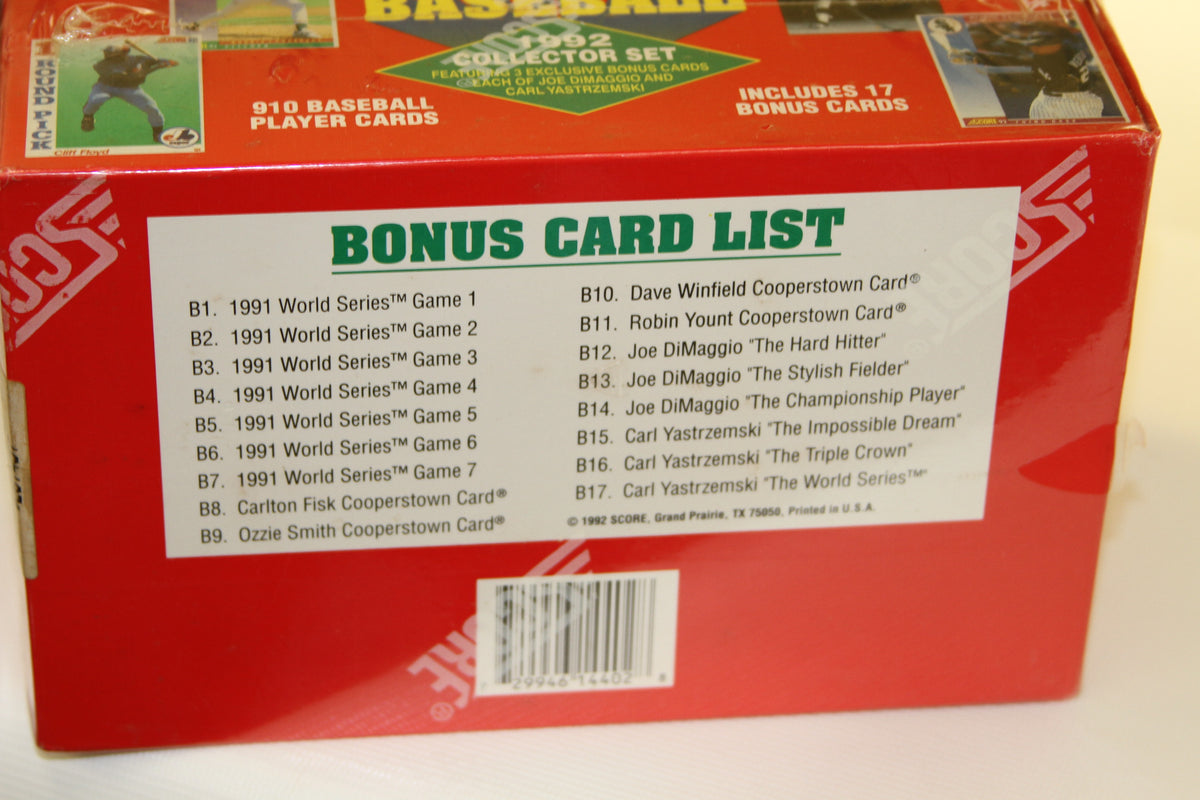 Back view showing bonus card list on Score 1992 baseball card set box