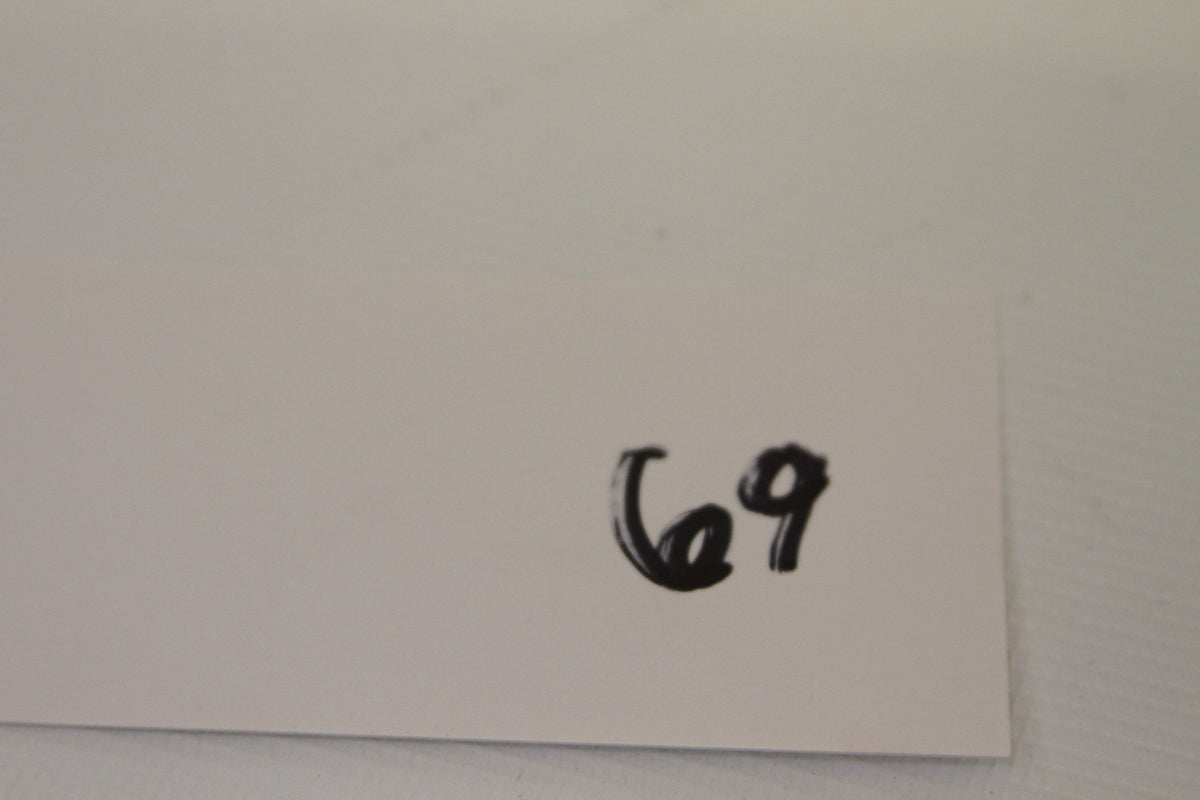 Handwritten label with number 69 on white card