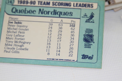 Detail of Quebec Nordiques 1989-90 team scoring leaders card with NHL and Topps logos.