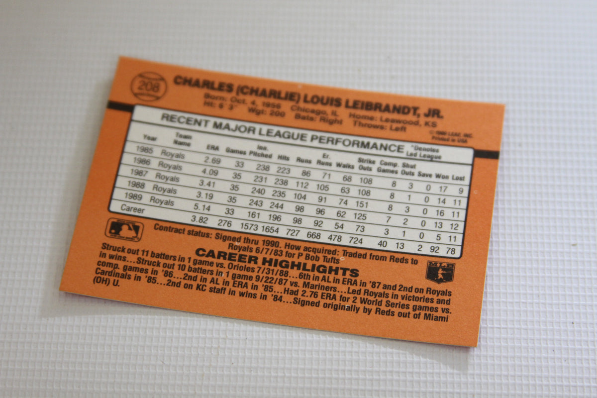 Back of Charlie Leibrandt Donruss 1990 trading card with career stats and highlights