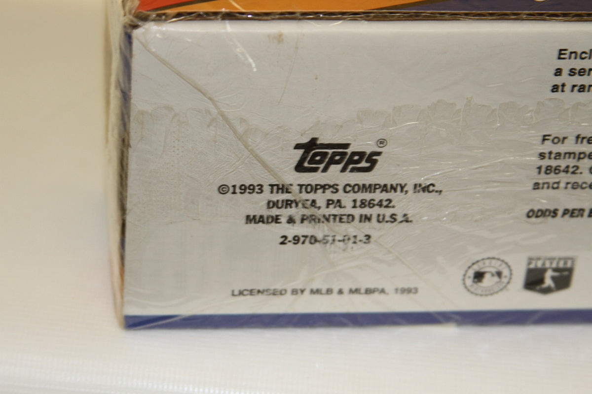 Close-up of Topps logo and manufacturer info on 1993 Baseball Cards box