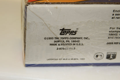 Close-up of Topps logo and manufacturer info on 1993 Baseball Cards box