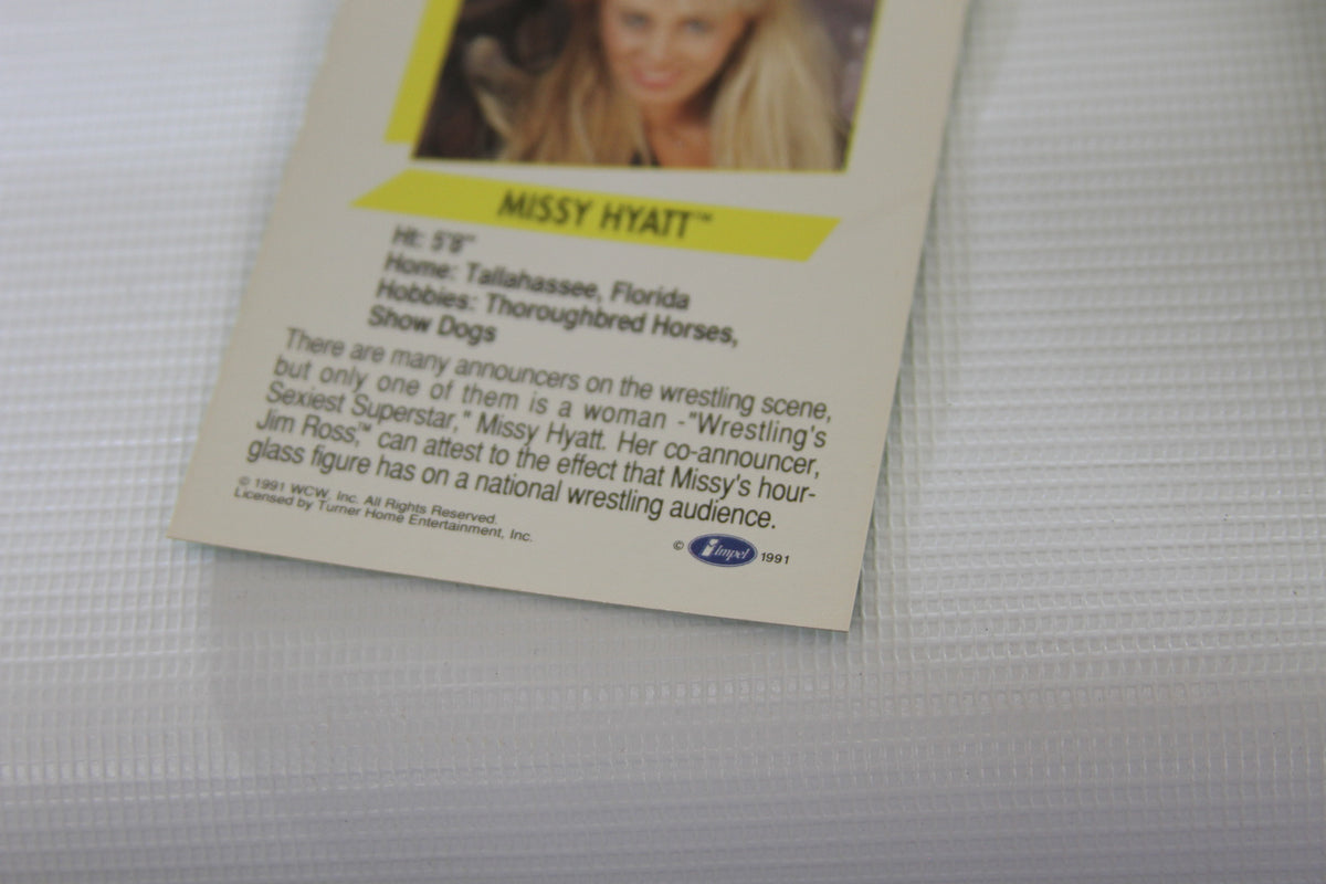 Back of WCW Missy Hyatt trading card 1991 Impel details