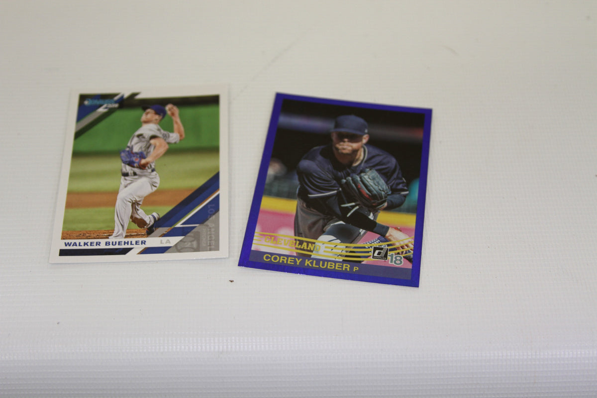 Walker Buehler and Corey Kluber baseball cards side by side