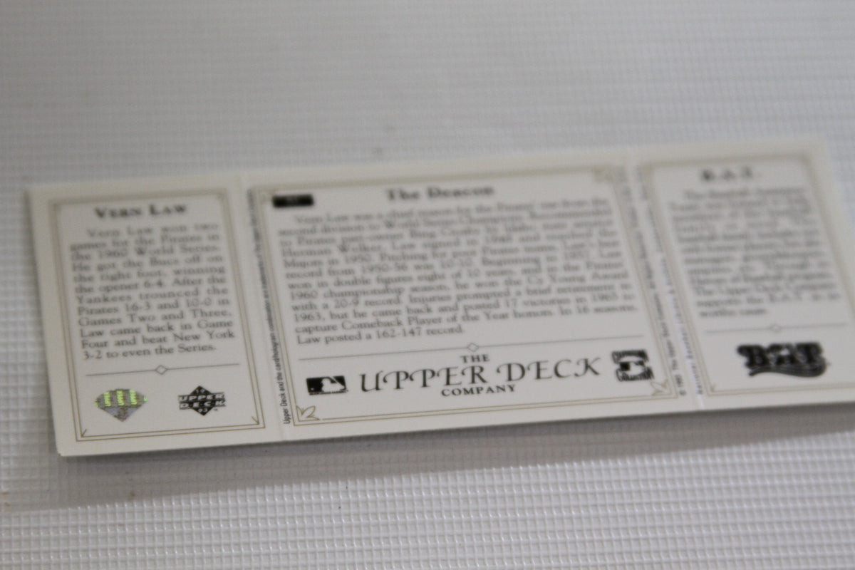 Close-up of Upper Deck company copyright and BAT info on back of a baseball card