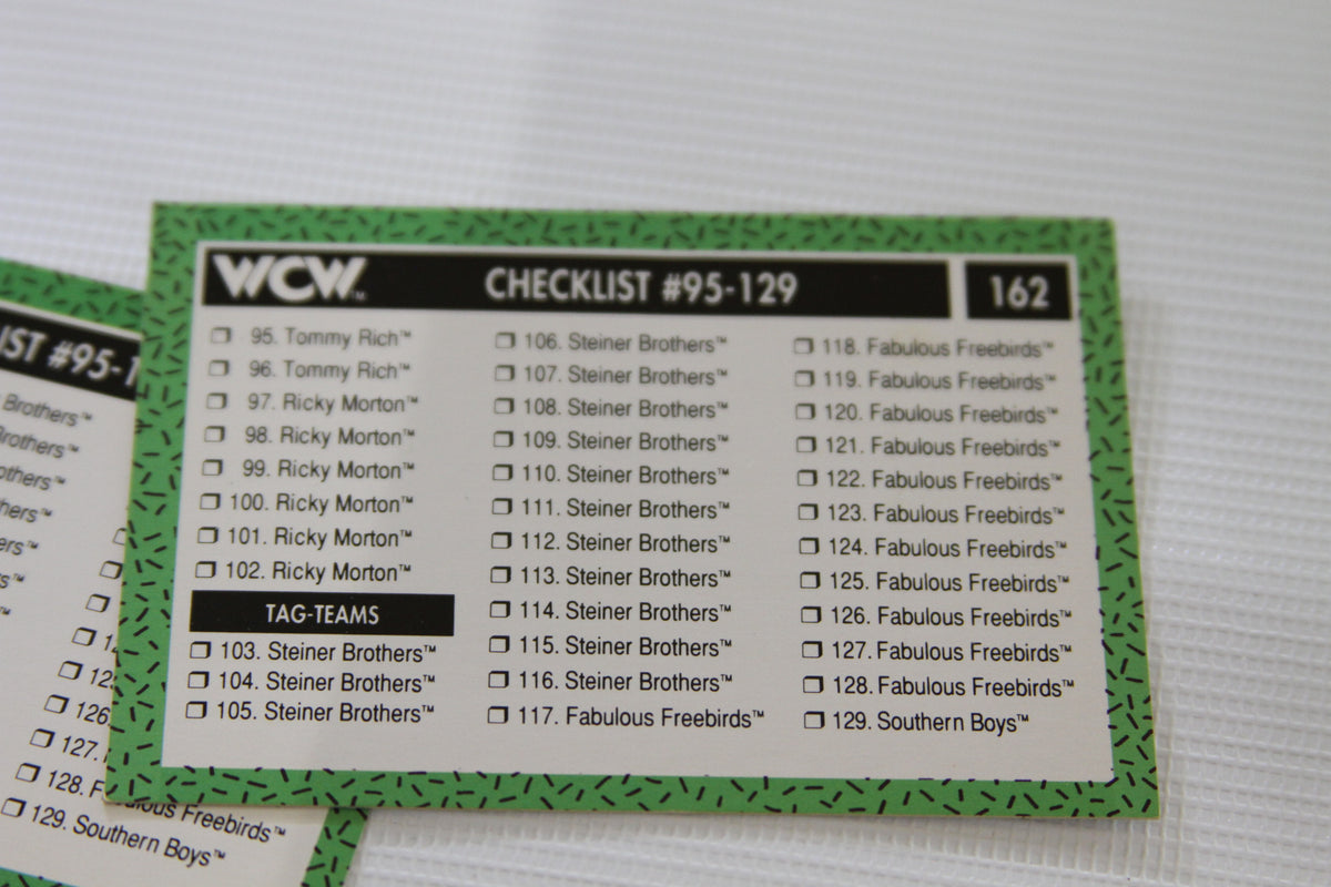 WCW Checklist trading card #95-129 with green border showing names