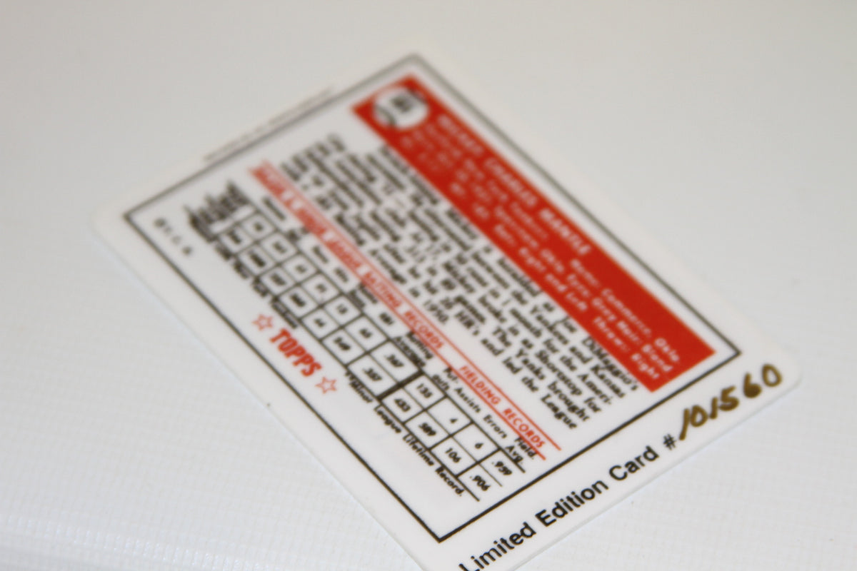Back of the Topps Mickey Mantle Porcelain Card with career stats and limited edition number