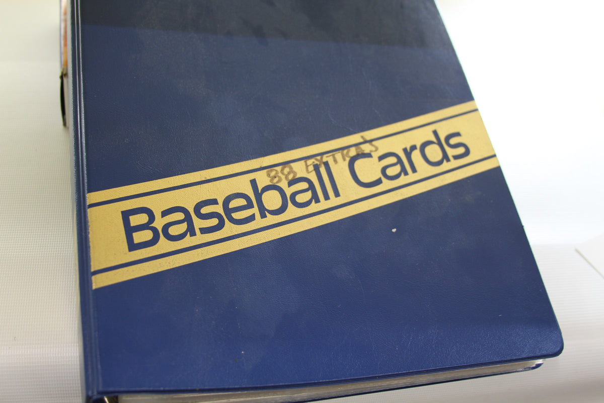 Blue album cover labeled Baseball Cards with handwritten '88 Extras'