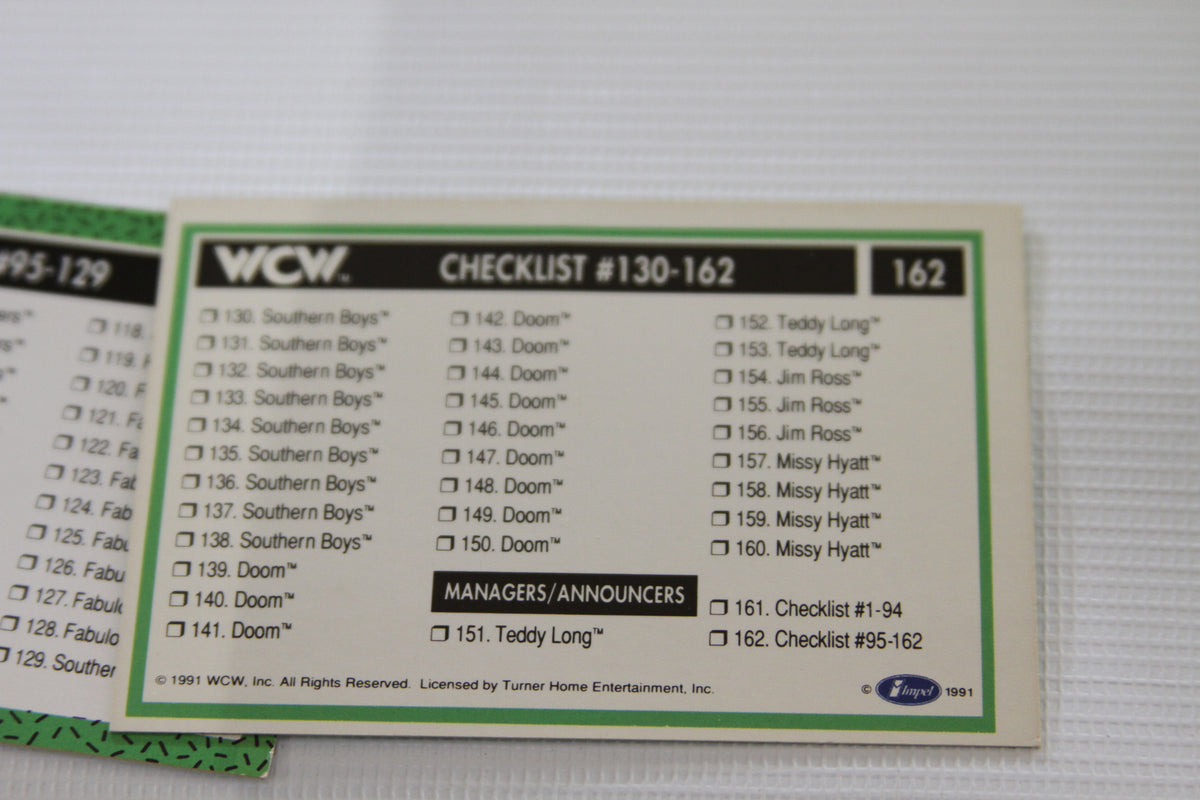WCW Checklist trading card #130-162 with green border and names